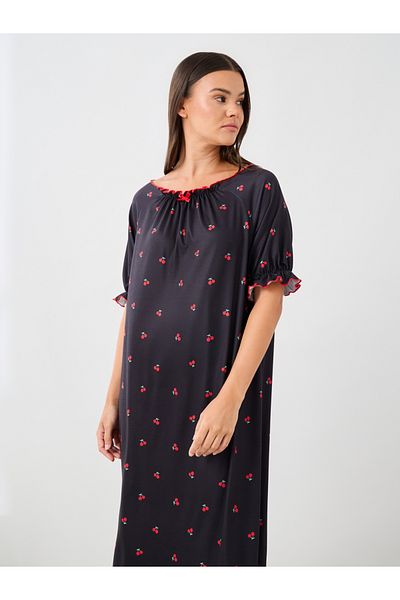 Styli Cherry Print Ruffle Edge Sleeves Nightdress with Gathered Neck