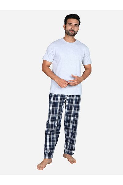 Victor and Jane By Styli Solid Short Sleeve T-Shirt and Checked Pyjama Set