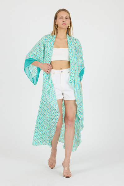 Laranor Puantyeli Shawl Collar Sleeve Tip Satin Detail Flywheel Sleeve Chiffon Maxi Kimono Kaftan Beach Clothing 25L8115