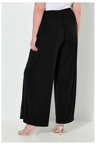 Şans Women's Plus Size Black, Lace Detail, Elastic Waist, Pocket Pants 65N38990