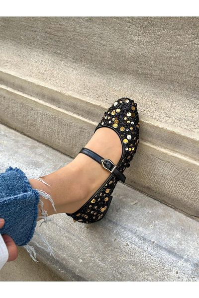 ERVANIN BUTİĞİ Black Gold (Sage) Women's Ballerinas