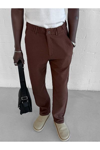 ablukaonline Men's Seersucker Fabric Regular Fit Trousers Brown