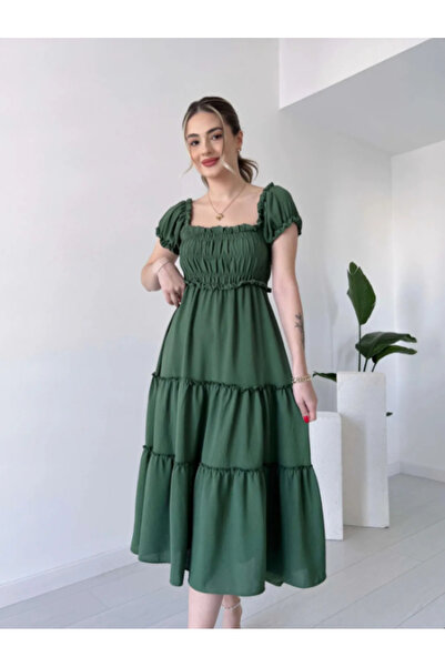 HARMONY GLOBAL Φόρεμα με τετράγωνο γιακά με λεπτομέρεια χακί στρώματα μίντι μήκους – βολάν, μπαλόνι μανίκια, καλοκαιρινό άνετο 5910