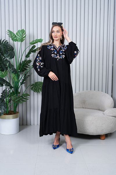 EL jadida Women's Embroidered Plus Size Long Viscose Dress Black