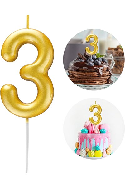 Dekals 3 Year Old Gold Golden Yellow Colored Birthday Cake Candle - Gold Gold...