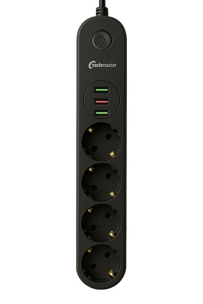 Techmaster 3 USB Current Child Proof 4 Socket Socket 2Mt Black