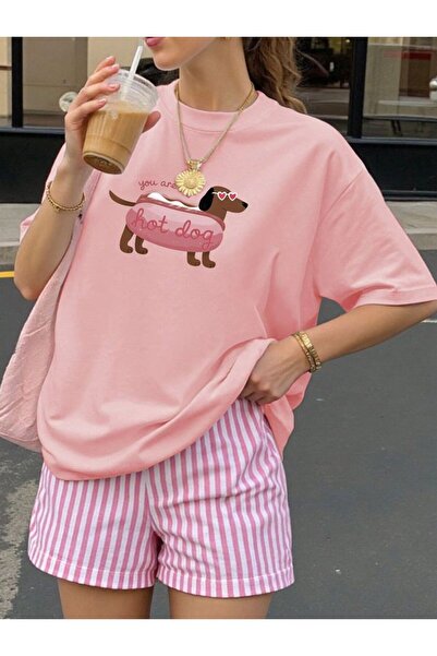 Carlson Pembe Unisex Hot Dog Baskılı Oversize T-Shirt
