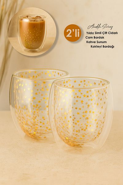 Anadolu Saray 2Pcs Heat Resistant Borosilicate Star Silvery Double Walled Glass Cup Coffee Presentation Cup