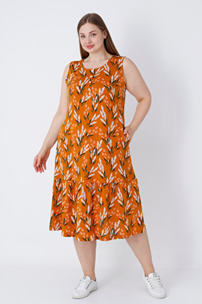 İntensive Kadın Askılı Desenli Cepli Düğmeli Büyük Beden Pamuklu Elbise