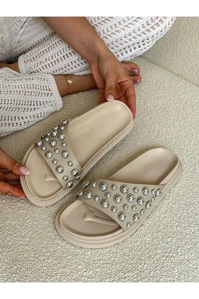 ERVANIN BUTİĞİ Beige Skin (Vorder) Trock Detail Women's Slippers