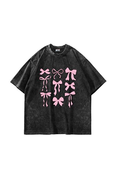 Bak Moda Tricou negru oversize unisex lavabil cu imprimeu cu fundita