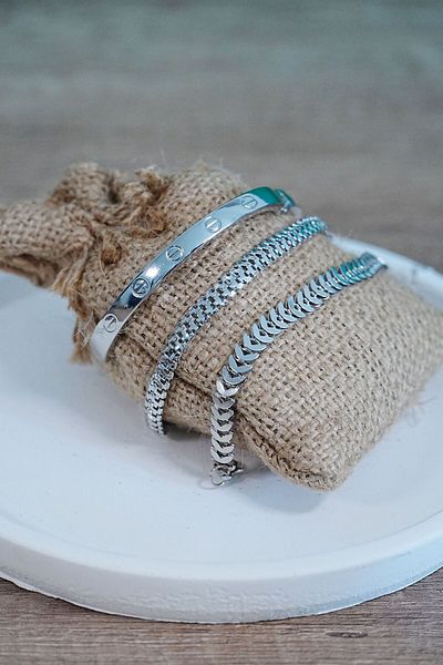 Wovna Combination Bracelet Silver Fishbone Caterpillar and Flat Velcro Model 3 Pieces at a Time