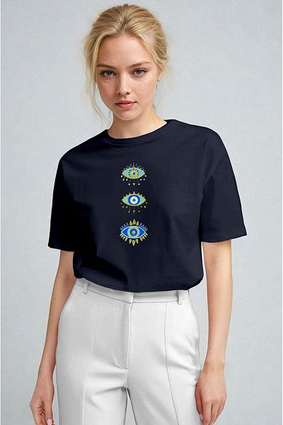 Millionaire Women's Navy Blue Regular Evil Eye Eye Print Fit Regular Fit T-Shirt