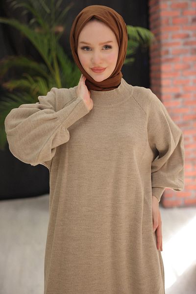 hafsamina Balloon Sleeve Knitwear Dress Mink Hm2522