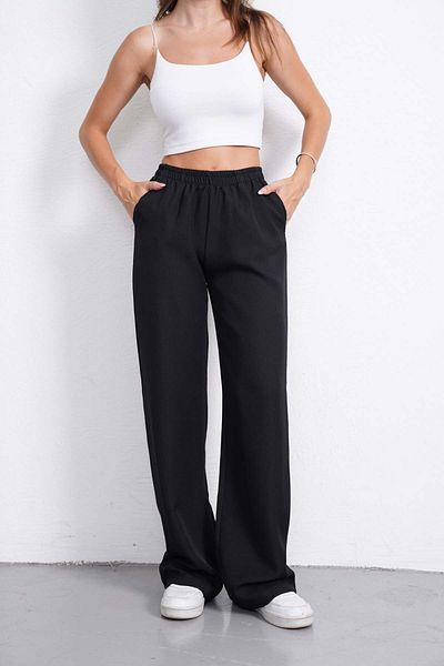 Gülmude High Waist Elastic Wide Leg Casual Fabric Trousers