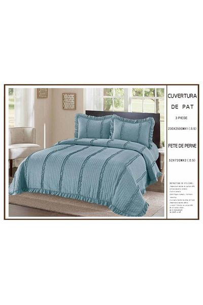 FIONNA.RO 3-Piece Plain Quilt With Ruffles Quilted Cotton - Blue
