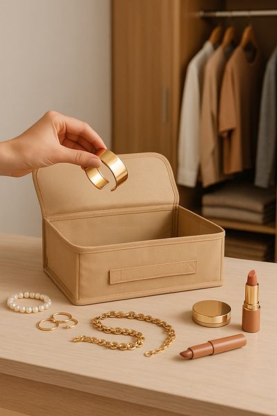ON-ARS TEKSTİL Beige Covered Cabinet Drawer Jewelry Laundry Folding Storage Box Basket 30X23X11 cm