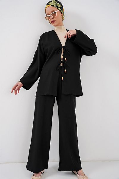 Merterium Women's Linen Kimono Trousers Double Set 1003 - Black