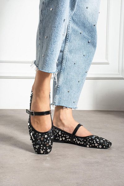 ShoeTek Lirissa Women's Ballerina Ballerina Front Strap Silver Sequin Black