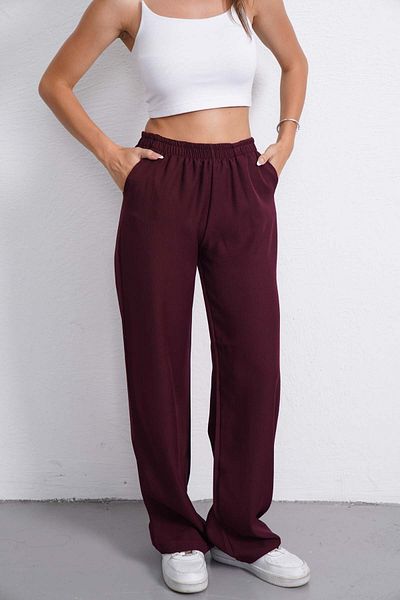 Gülmude High Waist Elastic Wide Leg Casual Fabric Trousers