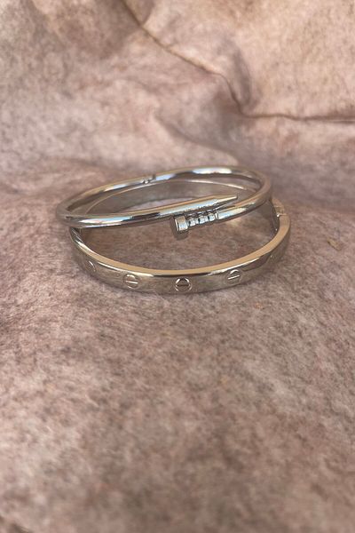 Wovna Silver Color Nails Combination Bracelet Set 2 Pieces