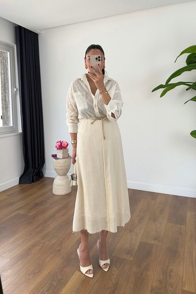 BİRCANÇİL Bali Stone Waist Drawstring Lined Straw Skirt