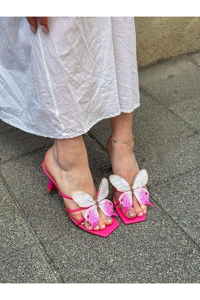 ERVANIN BUTİĞİ Fuchsia Skin (Butter) Pink Butterfly Heeled Women's Slippers