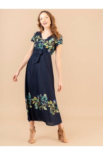 Kübra Tekstil Women's V Neck Belted Floral Print Short Sleeve Summer Midi Dress