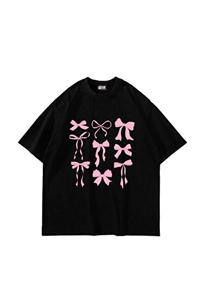 Bak Moda تيشيرت أسود كبير الحجم مطبوع عليه فيونكة لطيفة للجنسين