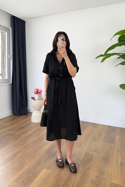 BİRCANÇİL Alia Black Belted Lined Midi Dress