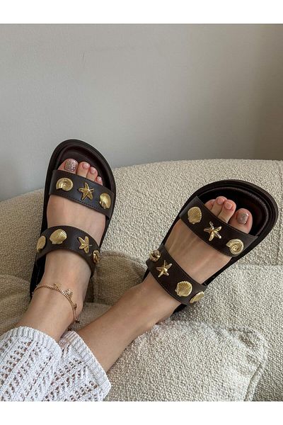 ERVANIN BUTİĞİ Brown Skin (Sorry) Gold Seashell Slippers