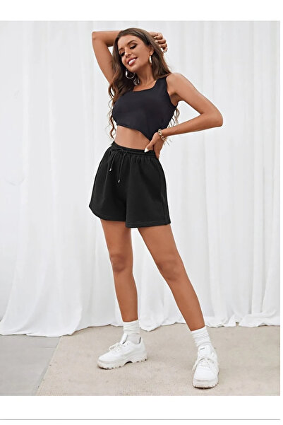 yueswear Unisex Black Elastic Waist Pocket S-Hort