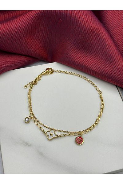 Lumiera Gold Clover and Single Stone Double Row Anklet