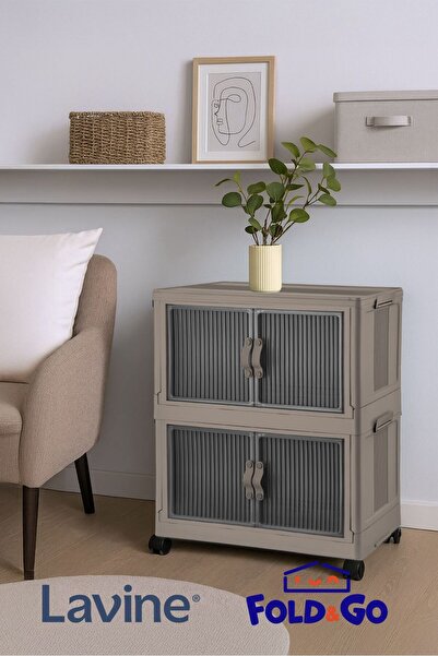 obido Fold&Go 2'Lü Portatif Organizer Tekerlekli Dolap ”Toprak” Çok Amaçlı Mıknatıs Kapaklı Katlanır