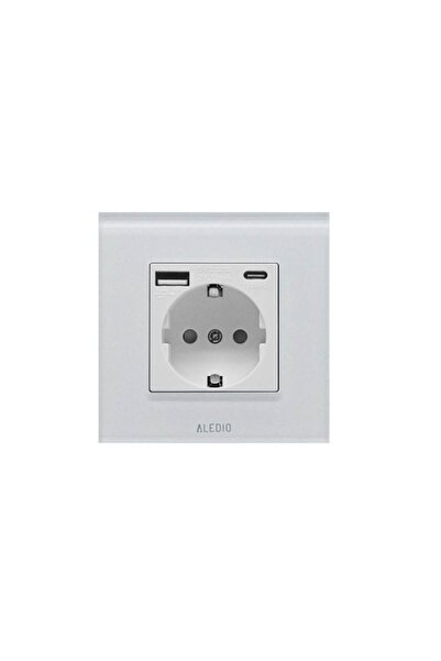ALEDIO Priză simplă, standard german, 2P+T, 16A, cu USB tip A+C, 2.1A, ramă din sticlă, alb