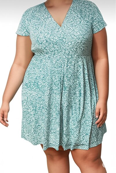 Nokta Curve Plus Size Water Green Double Breasted Collar Short Dress