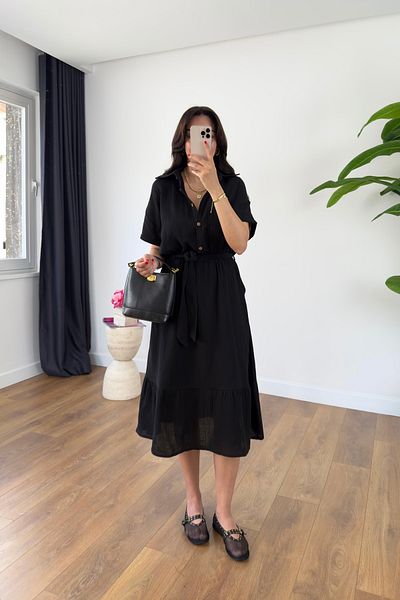 BİRCANÇİL Alia Black Belted Lined Midi Dress