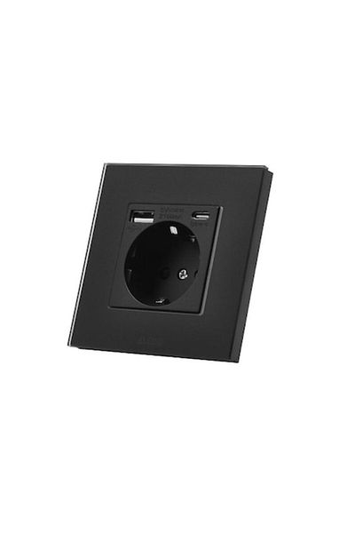 ALEDIO Priză simplă, standard german, 2P+T, 16A, cu USB tip A+C, 2.1A, ramă din sticlă, neagră, Aledio A1PAC