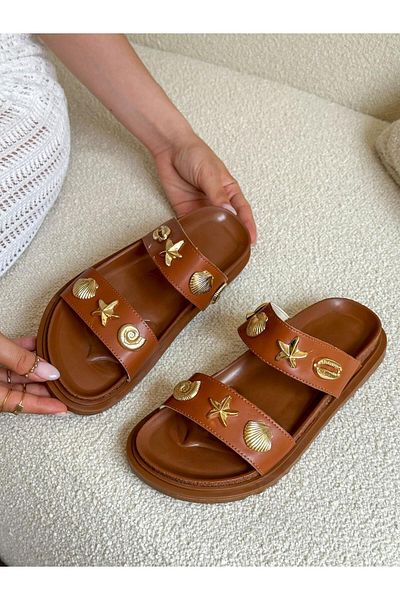 ERVANIN BUTİĞİ Tan Skin (Sorry) Gold Seashell Slippers