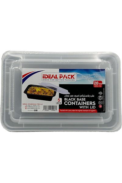 Ideal Pack Black Base Rectangular Food Containers with Lids – 28 oz | 5 Pack | BPA-Free Meal Prep Containers