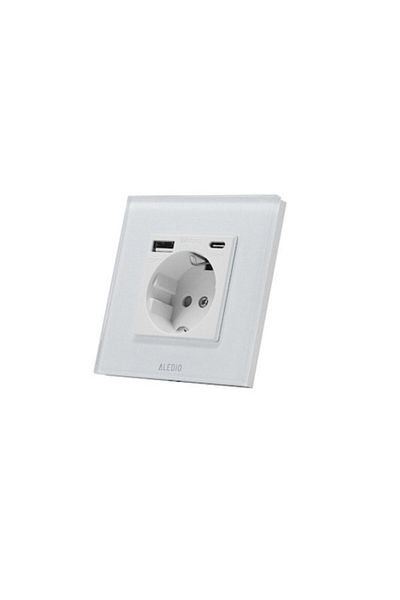ALEDIO Priză simplă, standard german, 2P+T, 16A, cu USB tip A+C, 2.1A, ramă din sticlă, alb