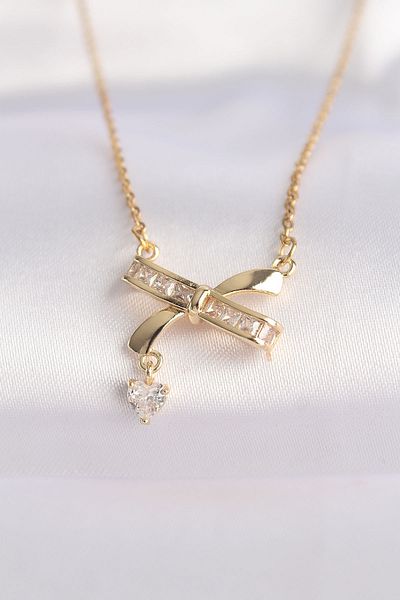 Skygo 316L Steel Chain Gold Color Zircon Stone Heart Detail Bow Necklace - Tj-Bko8622