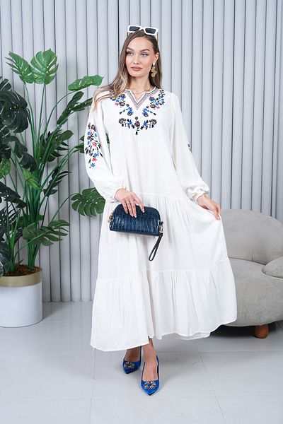 EL jadida Women's Embroidered Plus Size Long Viscose Dress White