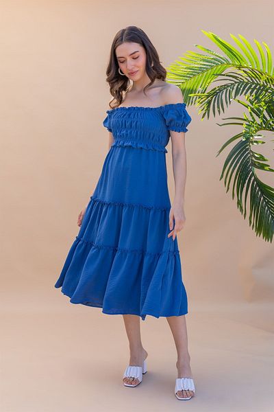 HARMONY GLOBAL Square Neck Gathered Detail Blue Layered Midi Dress – Ruffled, Balloon Sleeves, Summer Casual 5910