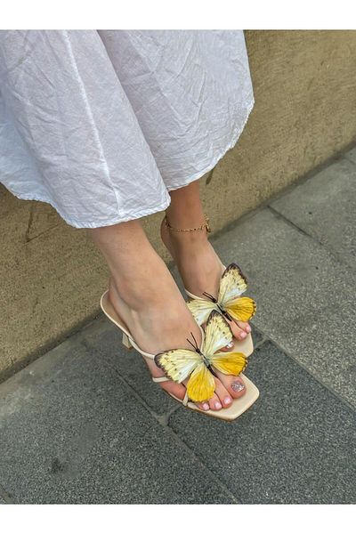 ERVANIN BUTİĞİ Beige Skin (Butter) Yellow Butterfly Heeled Women's Slippers