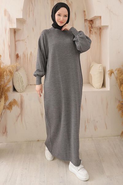 hafsamina Balloon Sleeve Knitwear Dress Smoked Hm2522