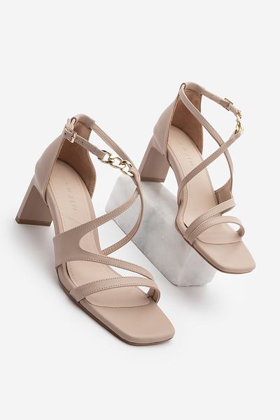 Marjin Women's Gold Chain Blunt Toe Strap Heeled Sandals Nekva Beige