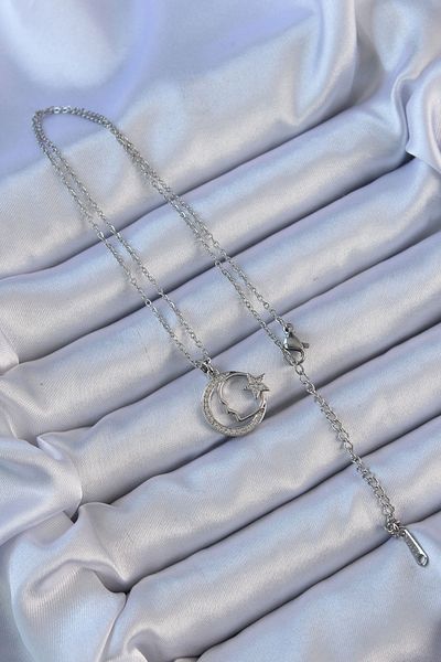 Skygo Ataturk Necklace - 316L Steel, Chain and Silver Color, Zircon Stone and Moon Star Icon - Tj-Bko9118