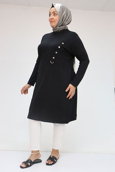 Eslina 58045 Large Size Combed Cotton Tunic with Fastening Button Detail - Black