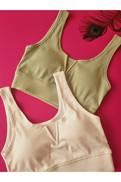 Demirsa Boutique Modelled, Ribbed 2 Pieces White and Green Color Removable and Attachable Padded Camisole Women's Bustier